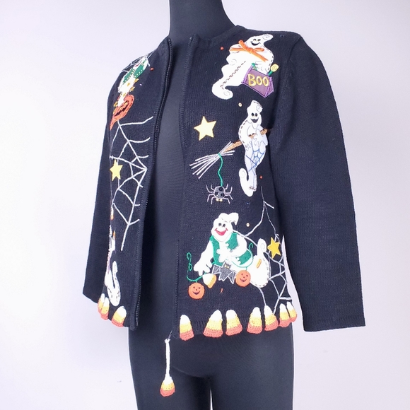 VTG TIARA Halloween ghost zip front cardigan - Picture 1 of 6